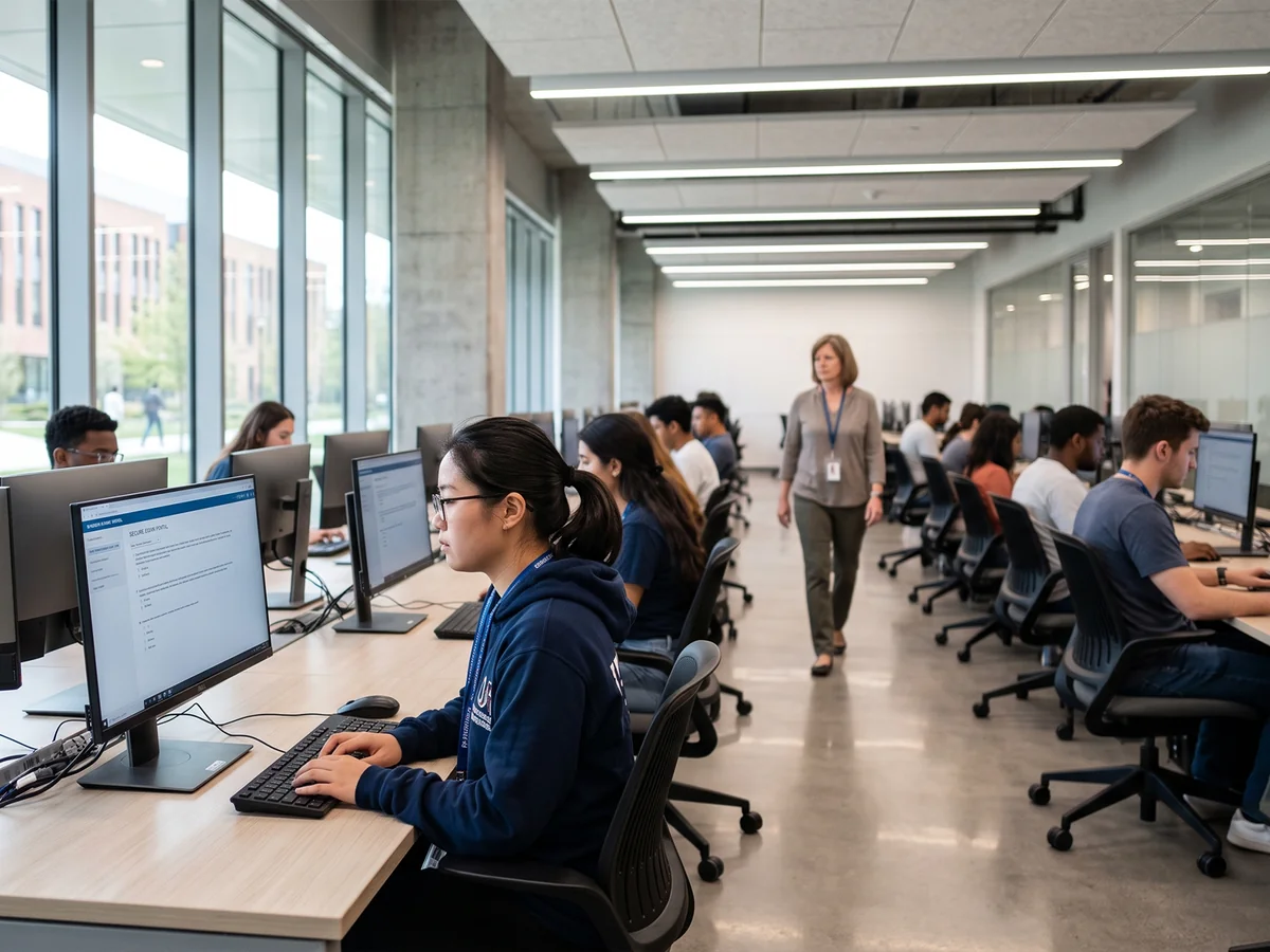 Students sitting a computer-based exam in an on-campus lab while an invigilator walks the room