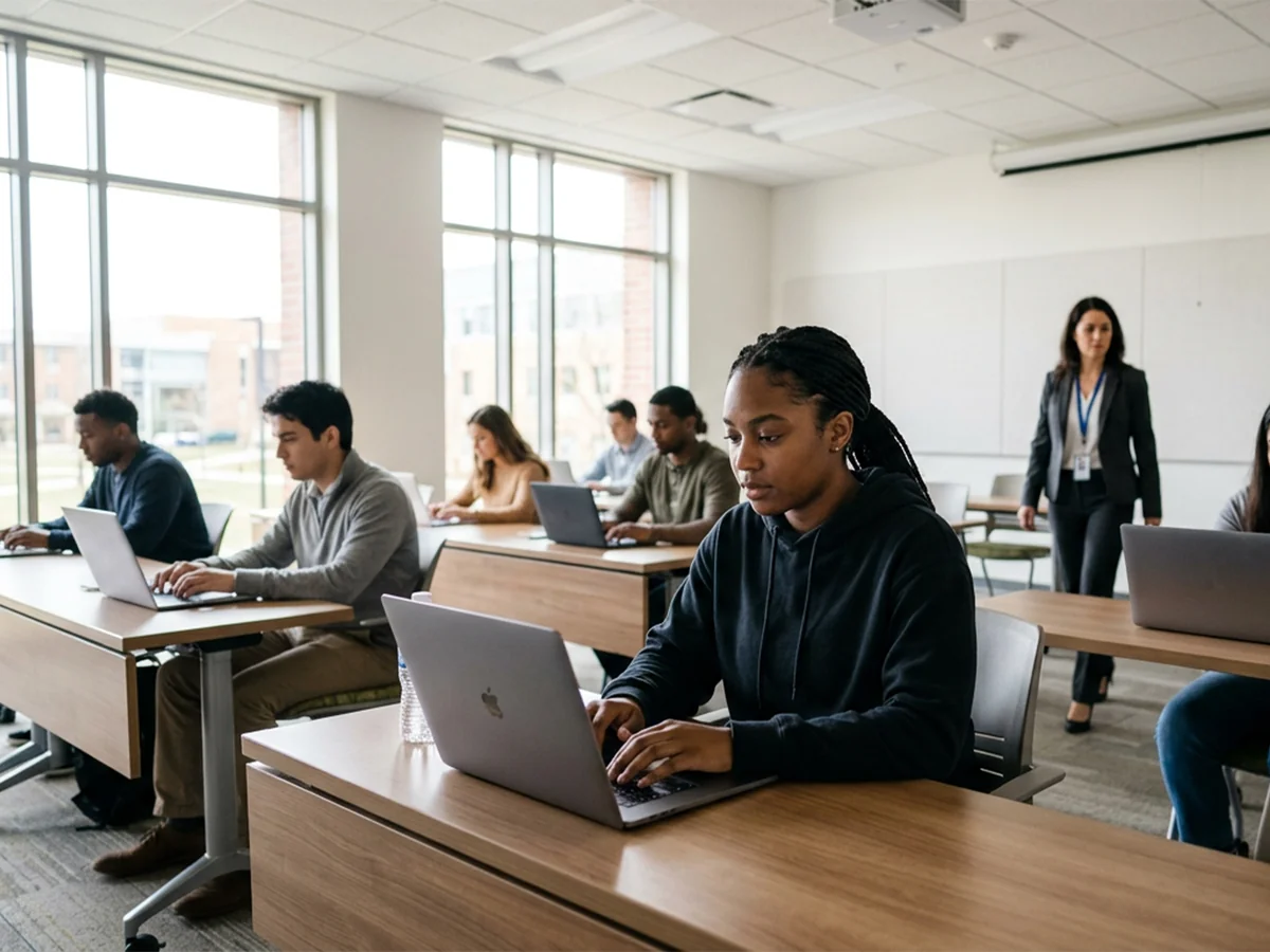 A classroom exam on laptops with a proctor walking the room