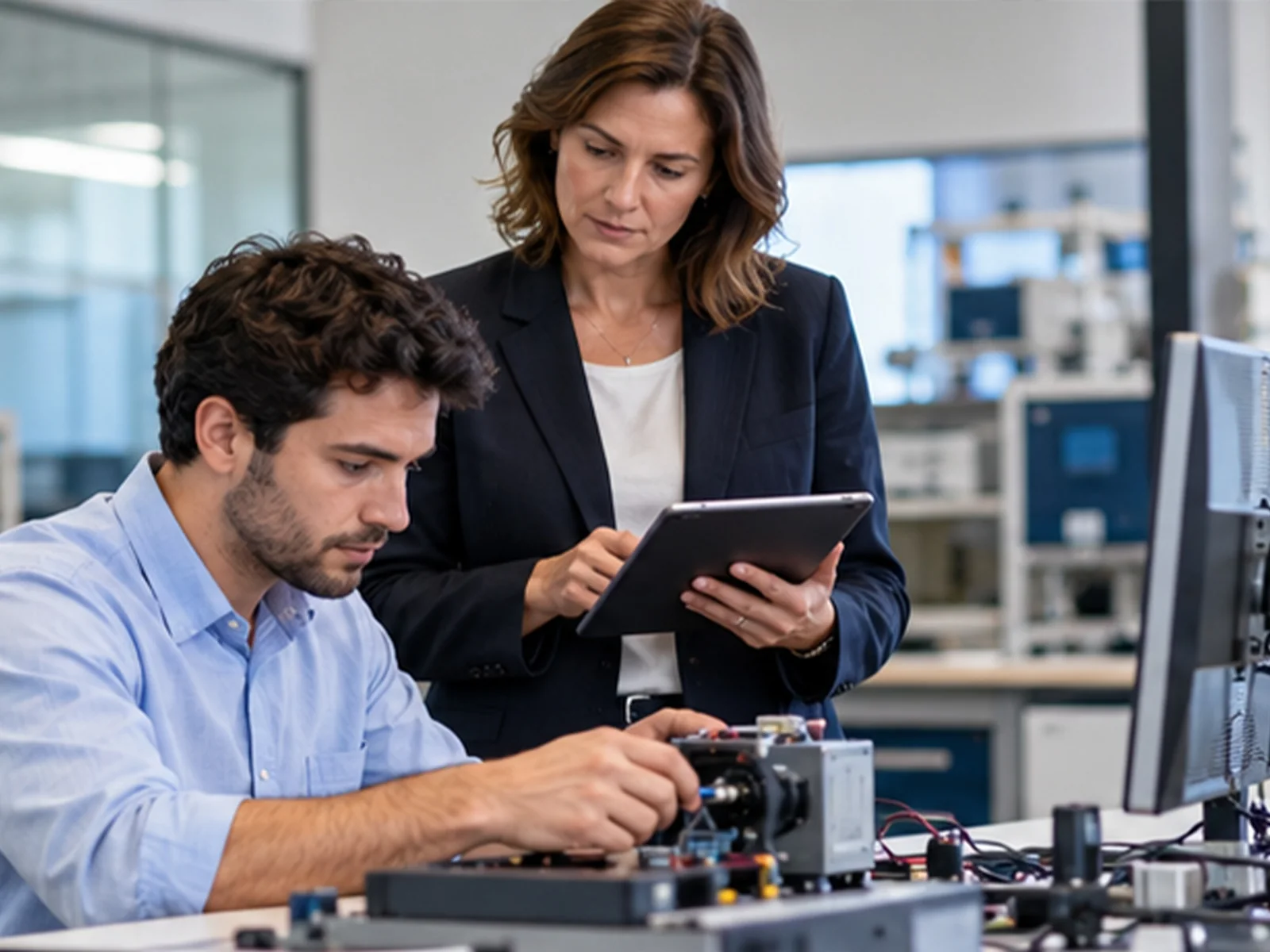 A manager with a tablet supervising an employee completing a hands-on technical assessment