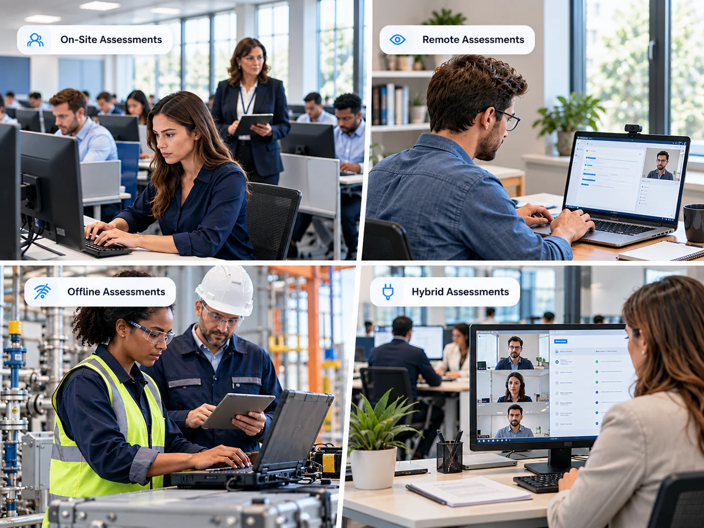 Four workplace assessment settings: on-site, remote, offline and hybrid