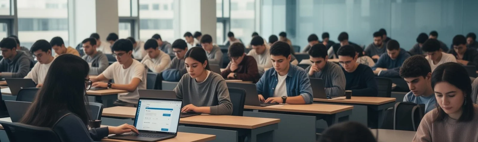 Students sitting a digital examination in a large hall