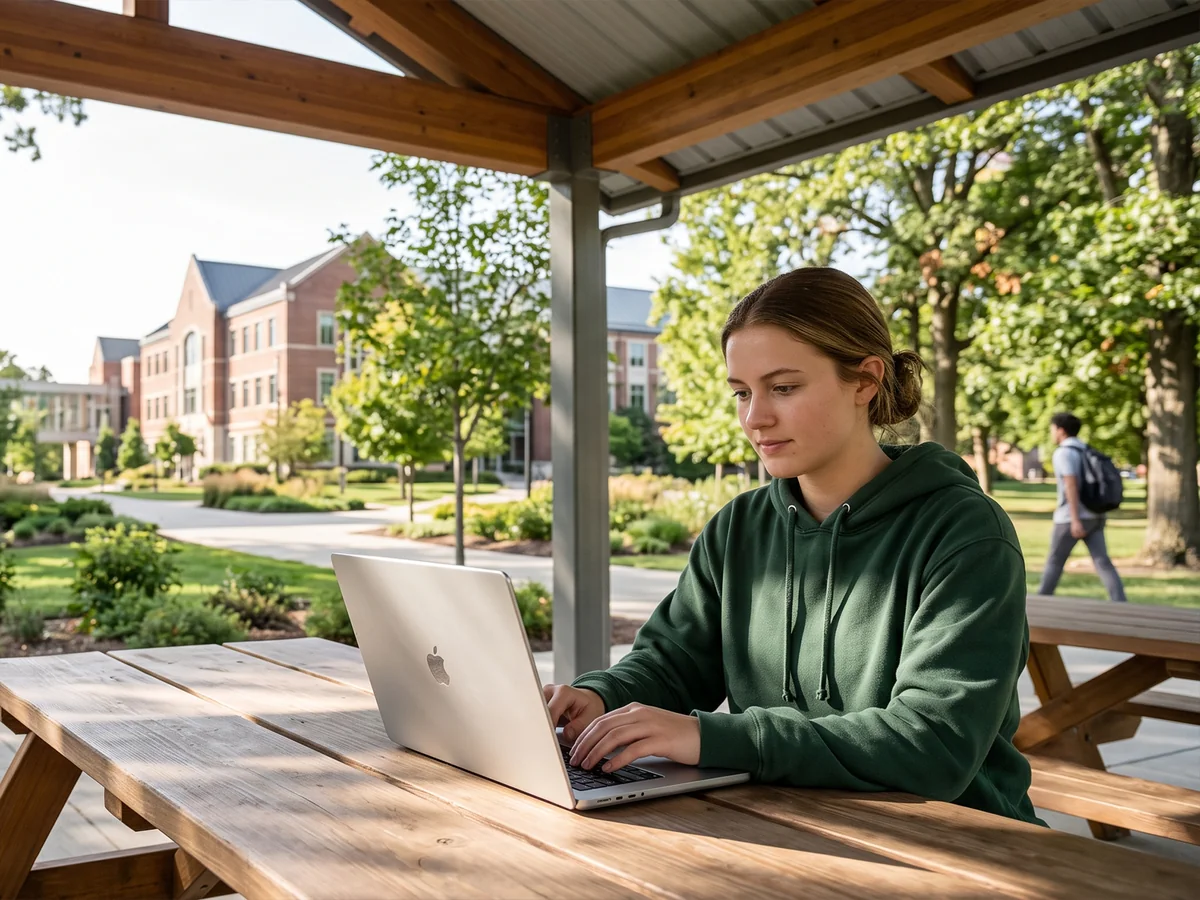 A student taking an exam on a laptop at an outdoor table, without a network connection