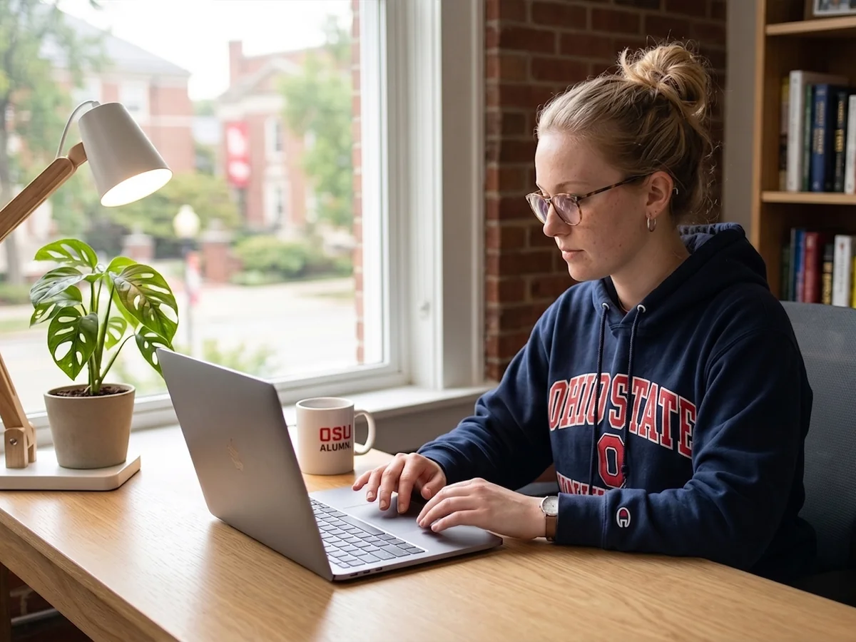 A student taking a remote exam on a laptop at a window desk