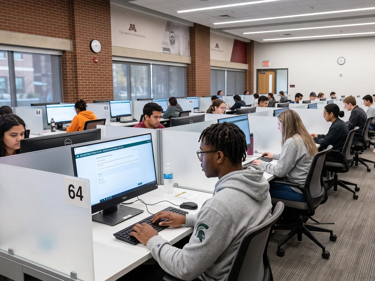 Candidates taking an exam at individually numbered workstations in a testing center