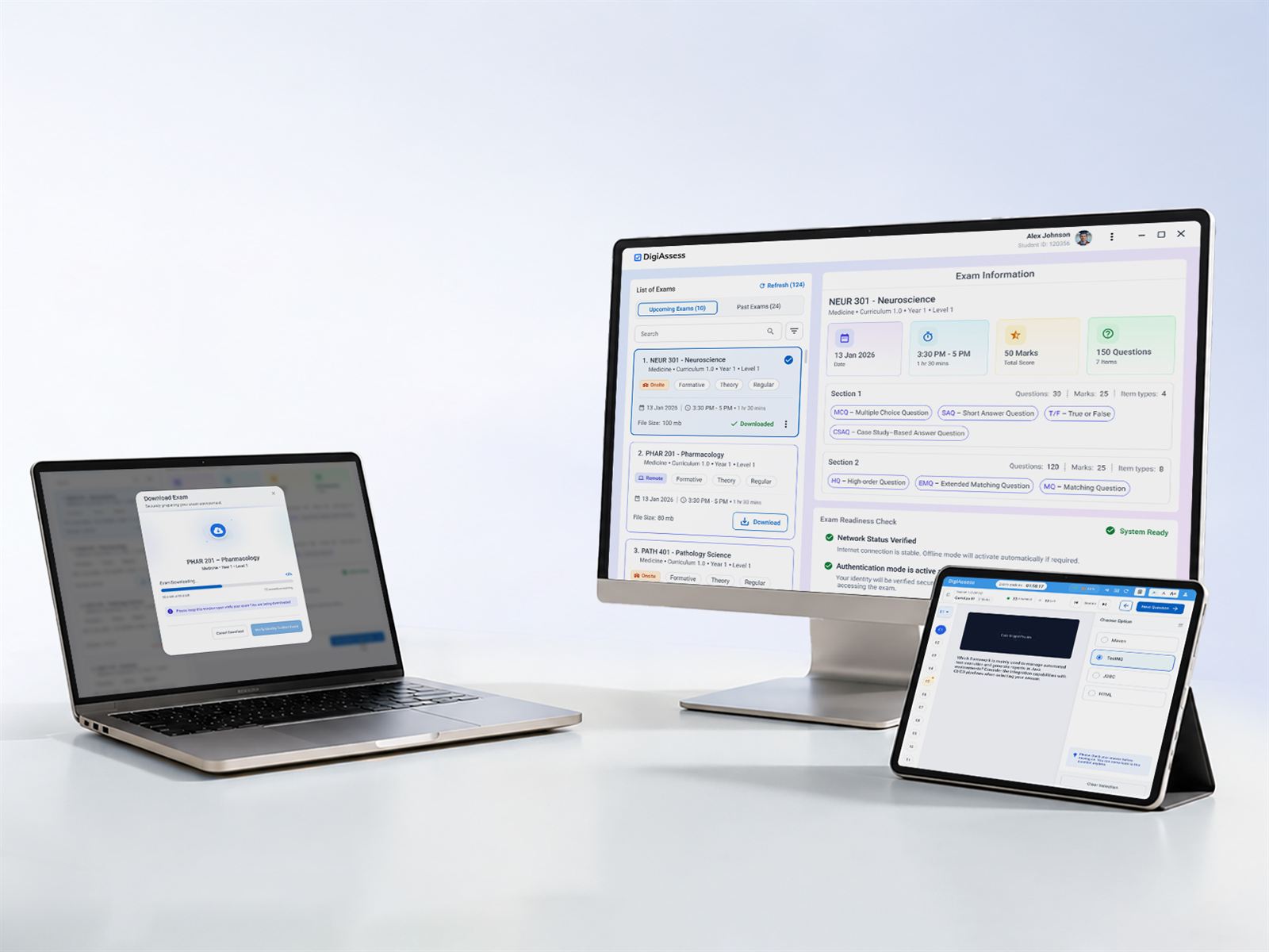 The Examly secure assessment application on a laptop, desktop and tablet, showing exam download, exam information and a readiness check