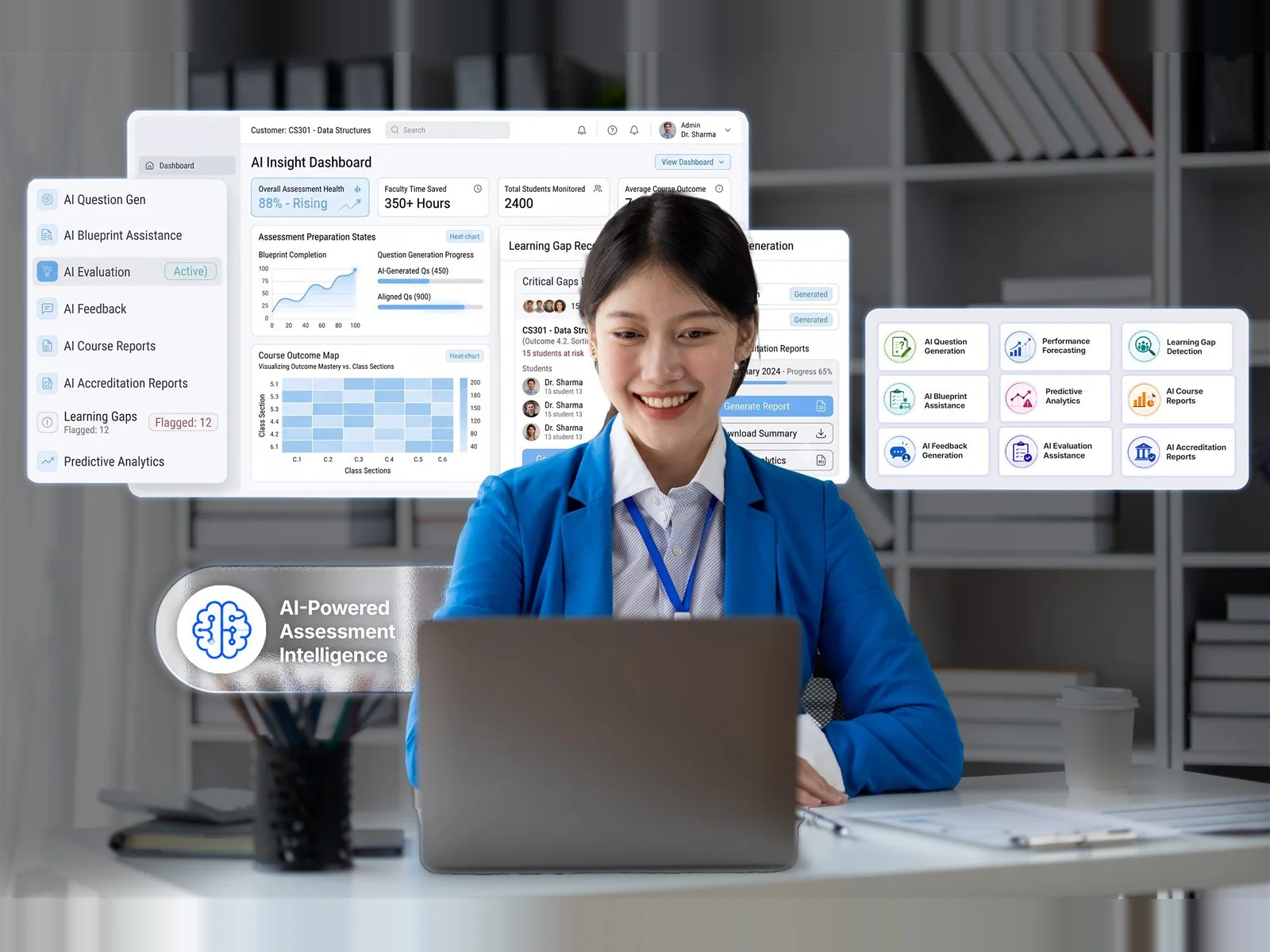 A faculty member using an AI insight dashboard with question generation, evaluation and reporting tools