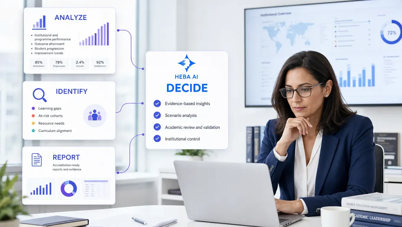 HEBA AI decision support: analyze, identify and report feeding an academic decision
