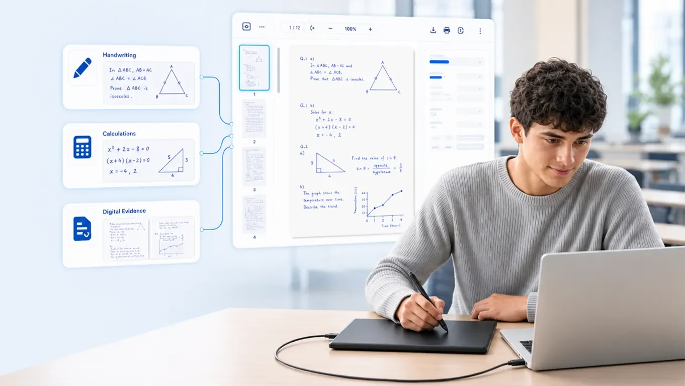 A student writing calculations and a geometry proof with a pen tablet, shown as digital evidence