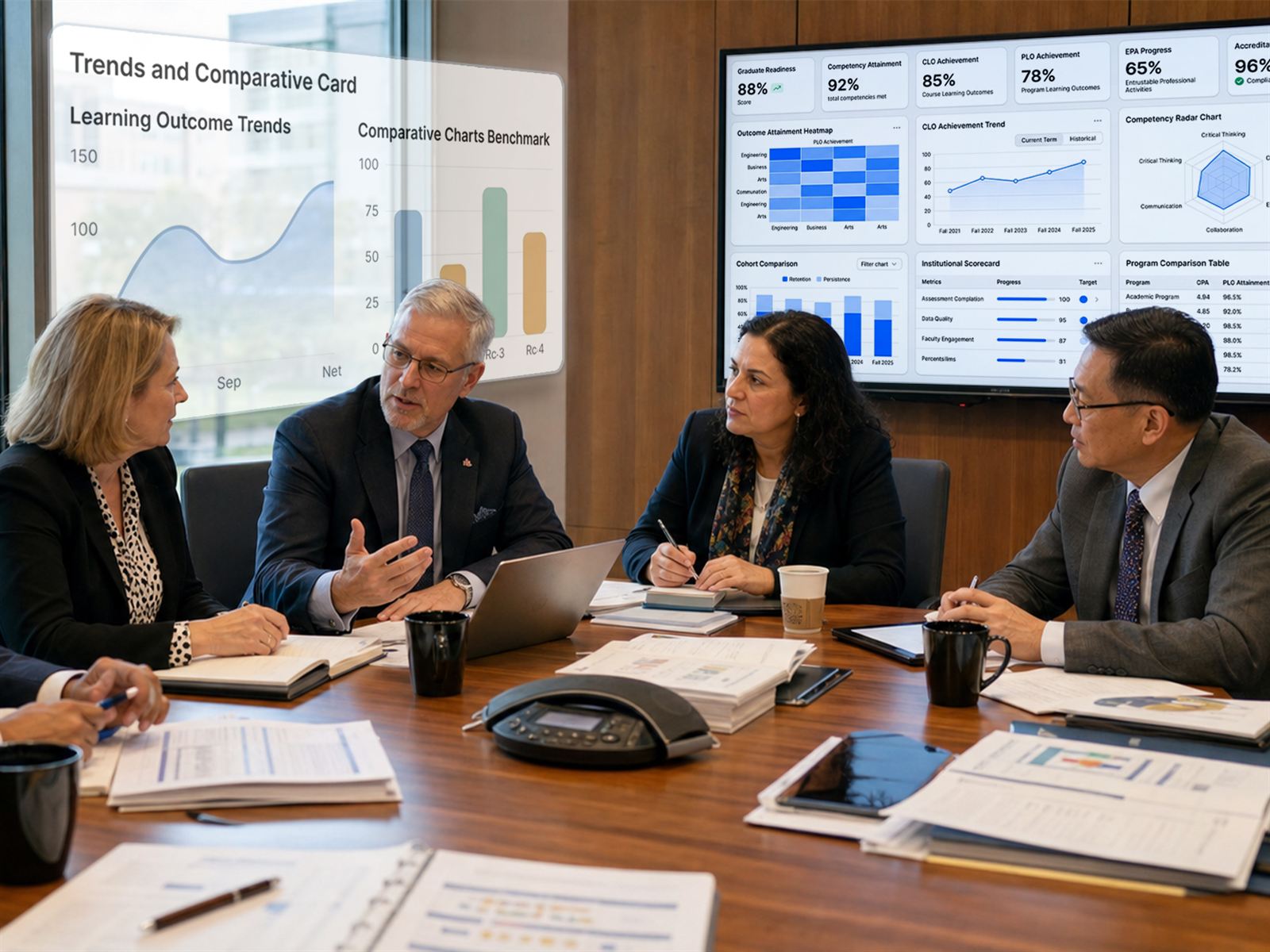 Medical education leaders discussing a program dashboard with competency attainment, CLO and PLO achievement and EPA progress