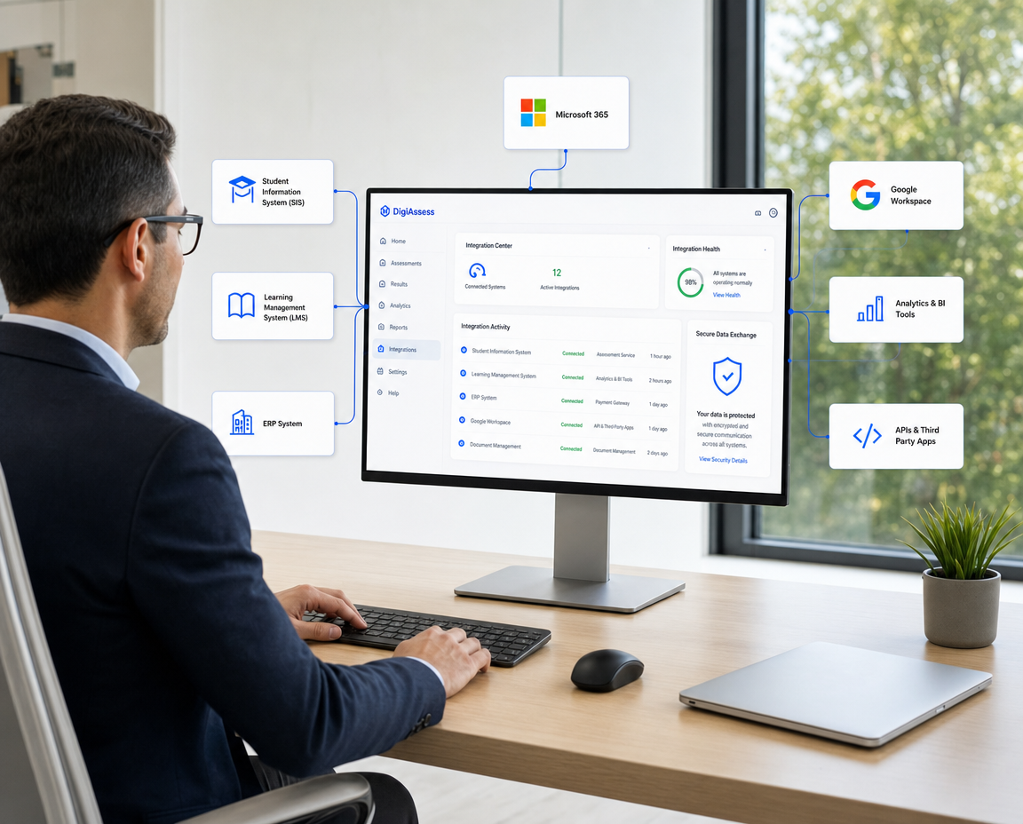 DigiAssess integration center connected to SIS, LMS, ERP, Microsoft 365, Google Workspace, analytics tools and APIs