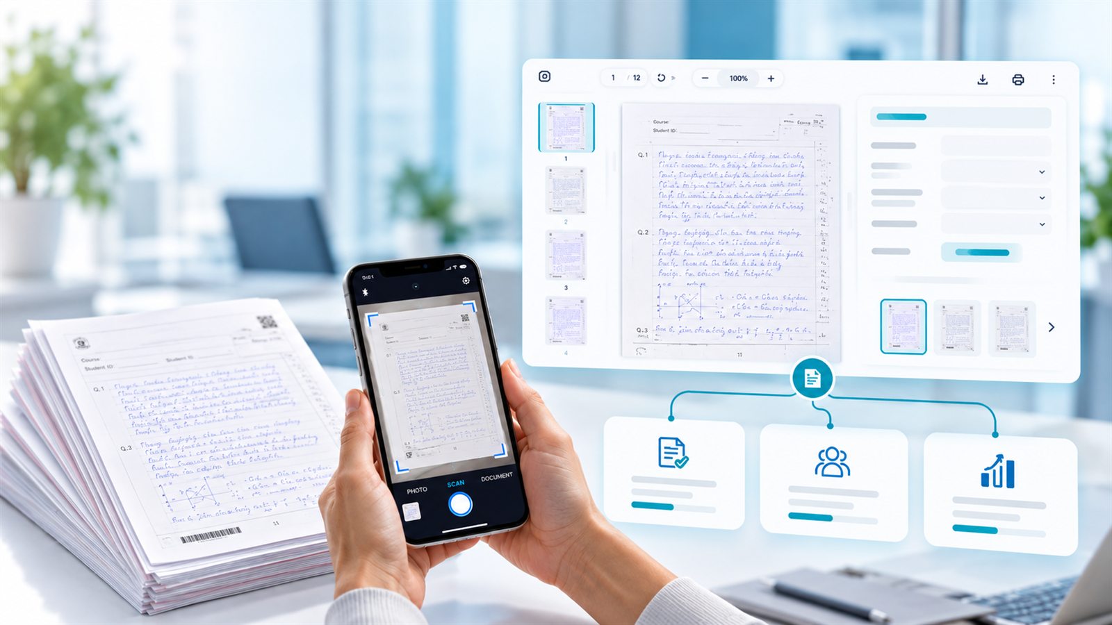 A phone scanning a handwritten answer script, with the digital copy ready for evaluation