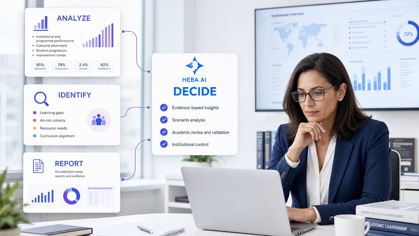 HEBA AI decision support: analyze, identify and report feeding an academic decision
