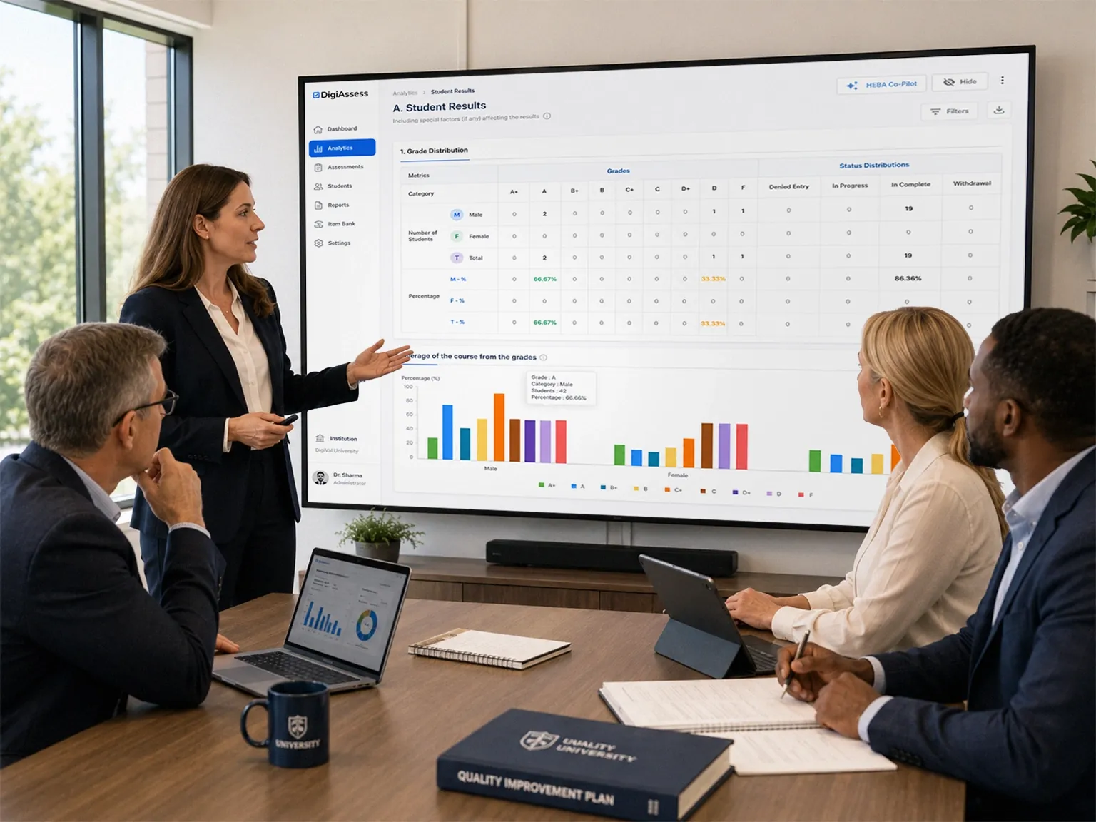 An academic team reviewing a student results report with grade distribution charts