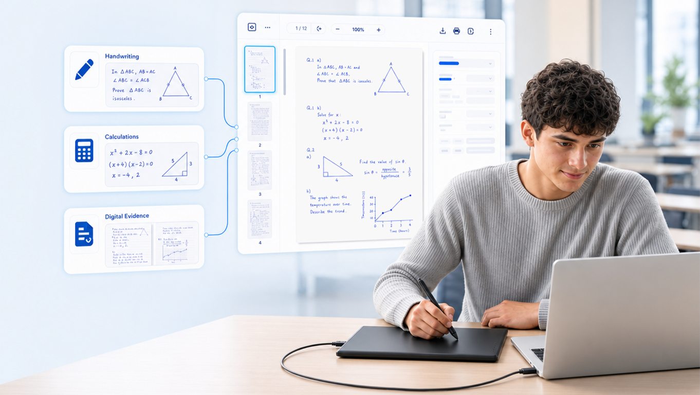 A student writing calculations and a geometry proof with a pen tablet, shown as digital evidence