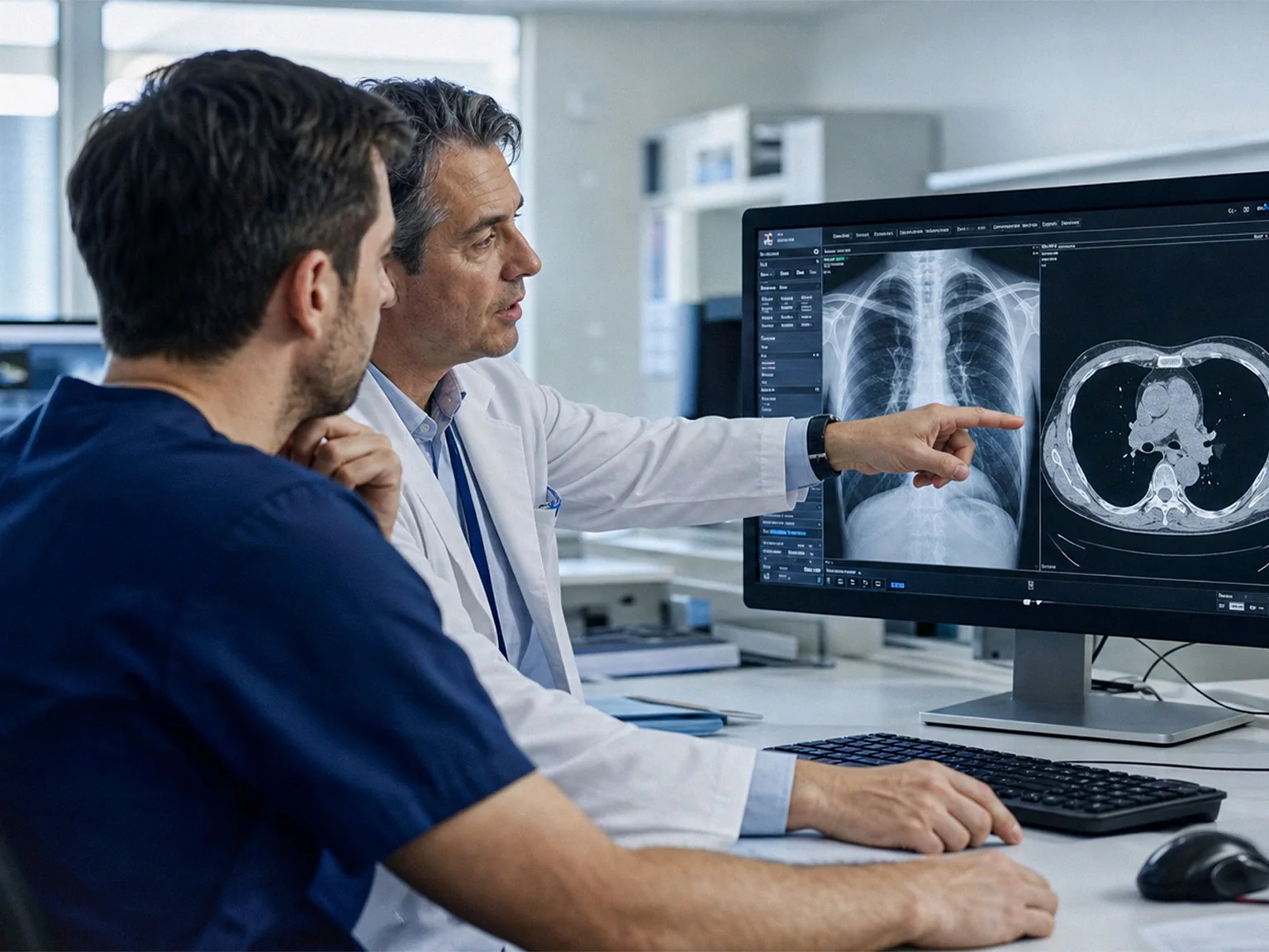 A radiology trainee practicing on a structured digital examination environment