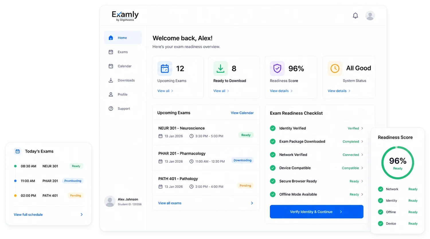 Examly: Candidate dashboard with upcoming exams