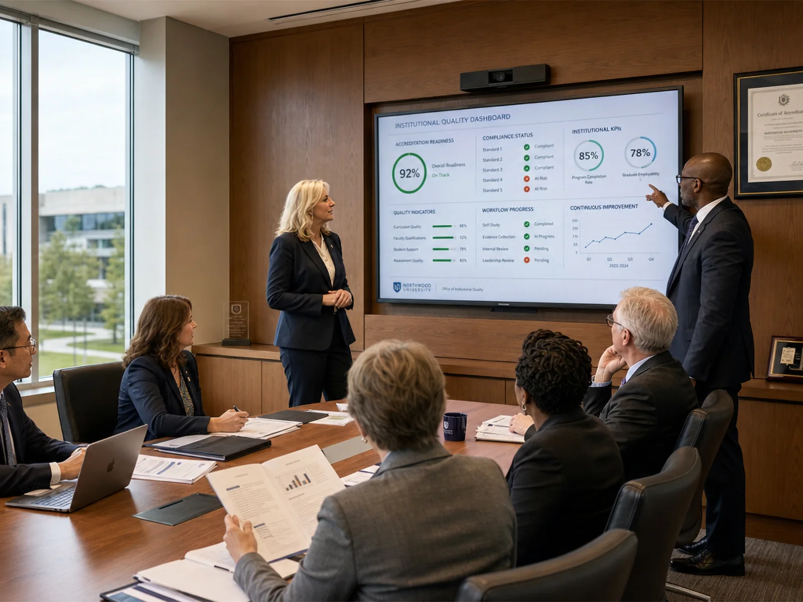 A leadership team reviewing quality assurance and accreditation results on a wall display